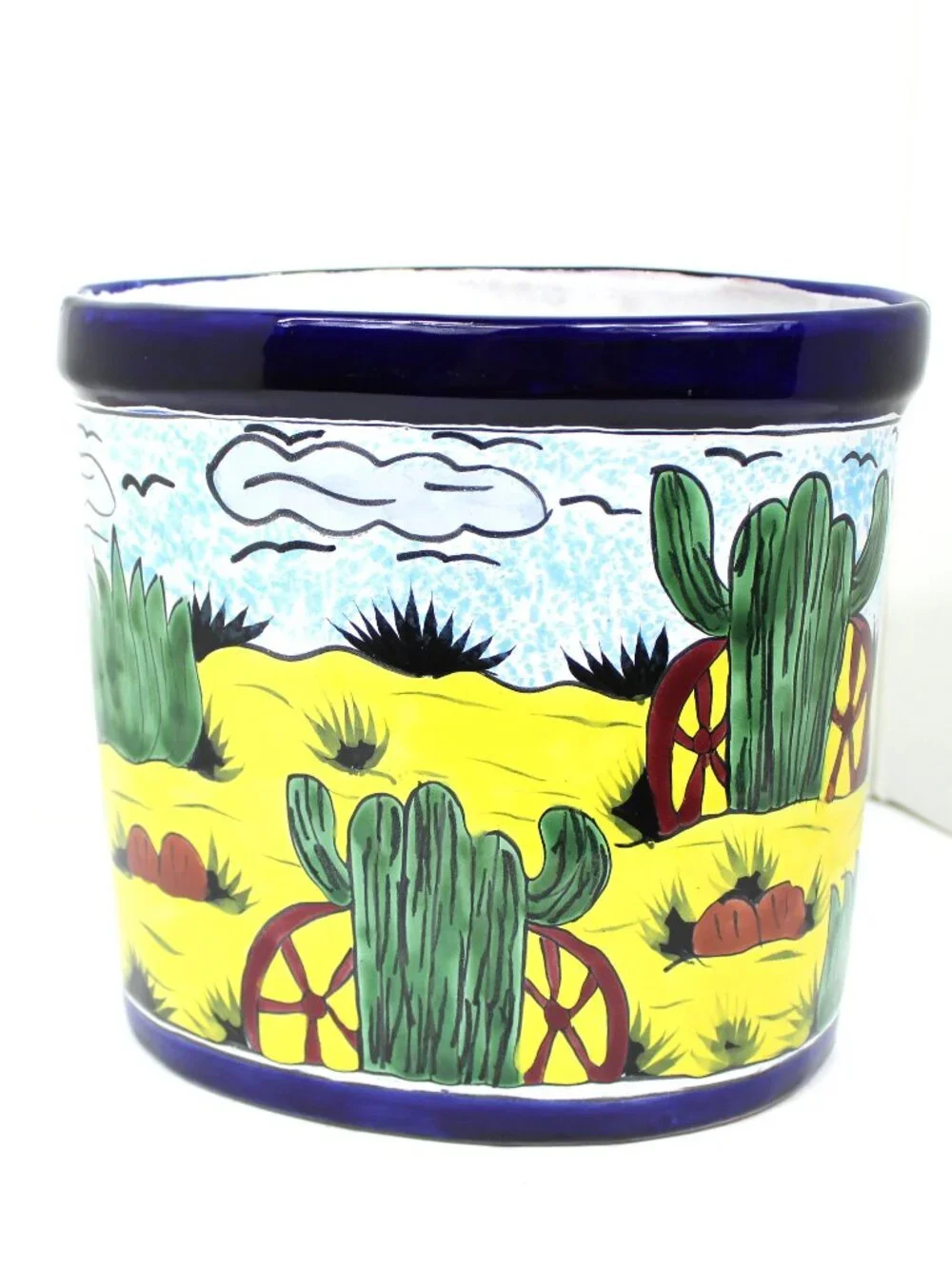 TALAVERA STYLE HAND-PAINTED MX CERAMIC POTTERY PLANTER/WASTE BASKET W/CACTUS